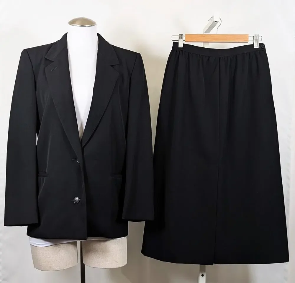 Vintage 70s Skirt Suit Calvin Klein Black Jacket Business Size 8 10 IGLWU - Picture 1 of 16
